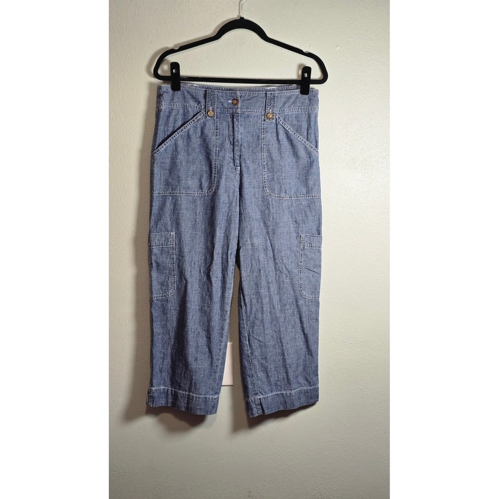 Orvis Womens Blue Cotton Chambray Cargo Crop Pants Size 12 High Rise Utility
